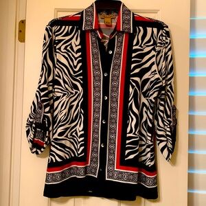 A black, white and red zebra top
